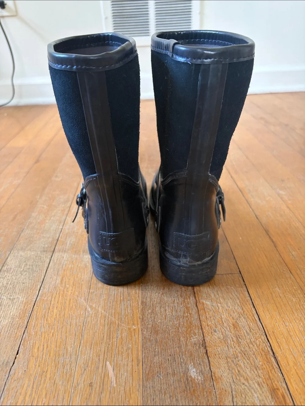 UGG SIVADA Black Leather & Suede Mid-Calf Buckle Boots Rubber